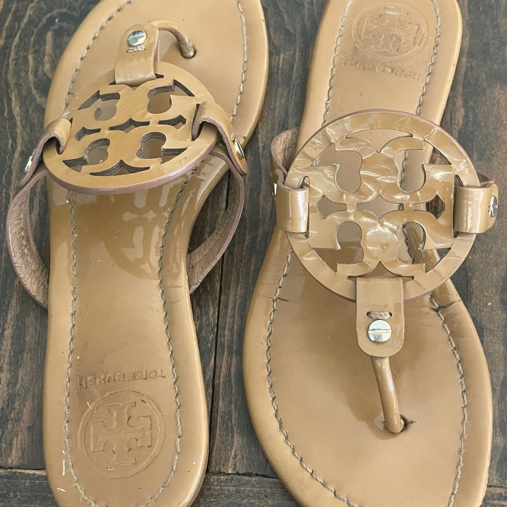 Tory Burch Miller Patent Tan Sandals